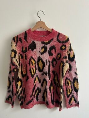 Pink Leopard-Print Crewneck Sweater
